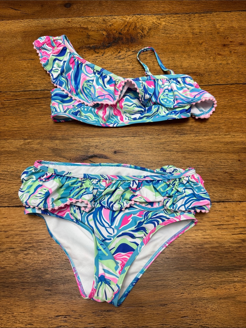 GIRLS 10-12 Tommy Bahama Girls Blue, Pink & Green Ruffle Two-Piece Swim Set